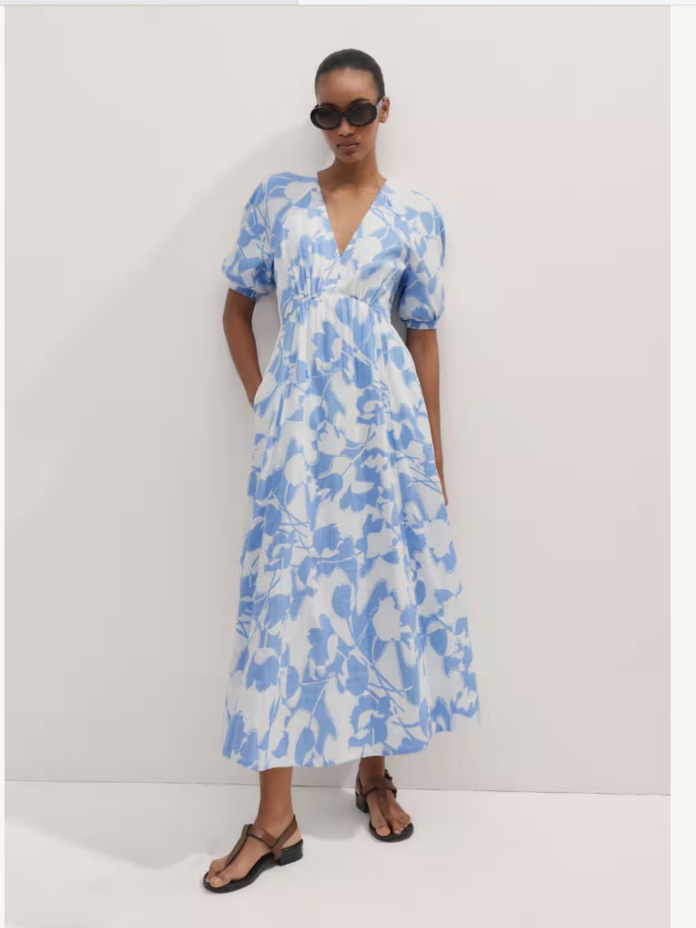 ME+EM Cheesecloth Tulip Print Midi Dress White Blue Size US 12 Cotton Me + Em